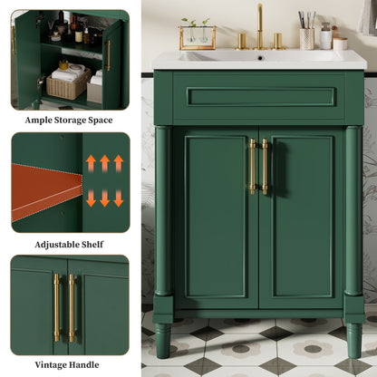 24" Bathroom Vanity with Sink, Modern Bathroom Vanity with Half-Moon Ceramic Sink for 4" Faucet, Adjustable Shelf & Painted Finish, for Small Bathroom,Green