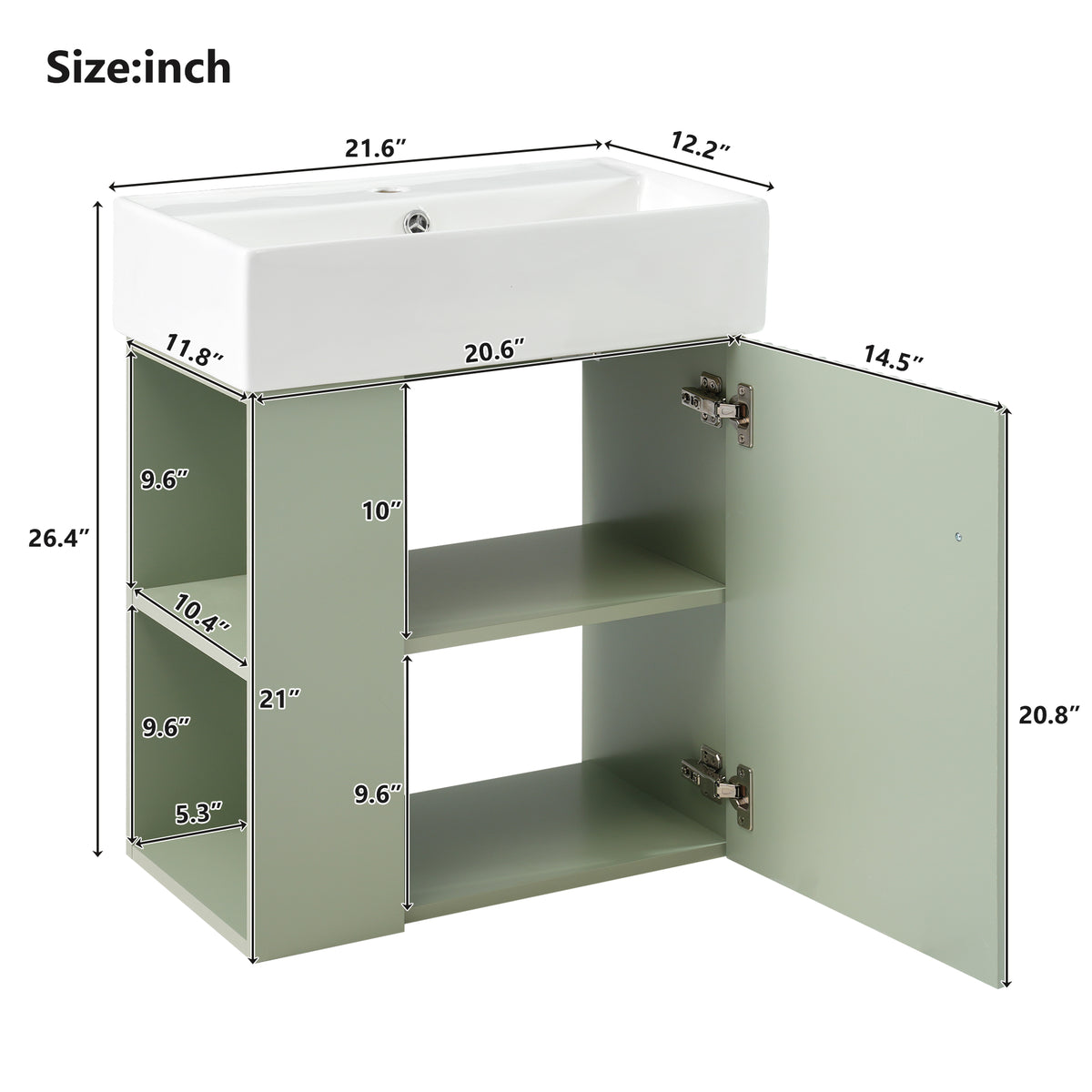 21.6" Floating Bathroom Vanity with Sink, Slim Wall Mounted Bathroom Vanity with Ceramic Basin & Overflow, Wave Pattern Door with Rose Gold Handle, Soft Close Door,Green