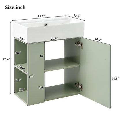21.6" Floating Bathroom Vanity with Sink, Slim Wall Mounted Bathroom Vanity with Ceramic Basin & Overflow, Wave Pattern Door with Rose Gold Handle, Soft Close Door,Green