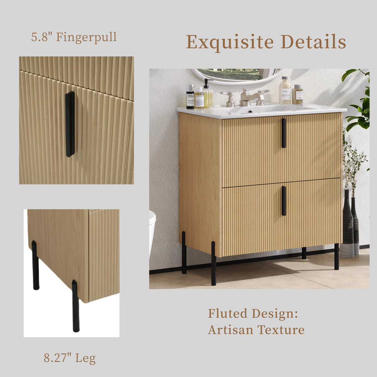 30" Bathroom Vanity with Sink, Black Fluted Bathroom Vanity with Undermount Drawer Slides & White Ceramic Basin, Finger Pull Design, Full Extension Drawers,Natural