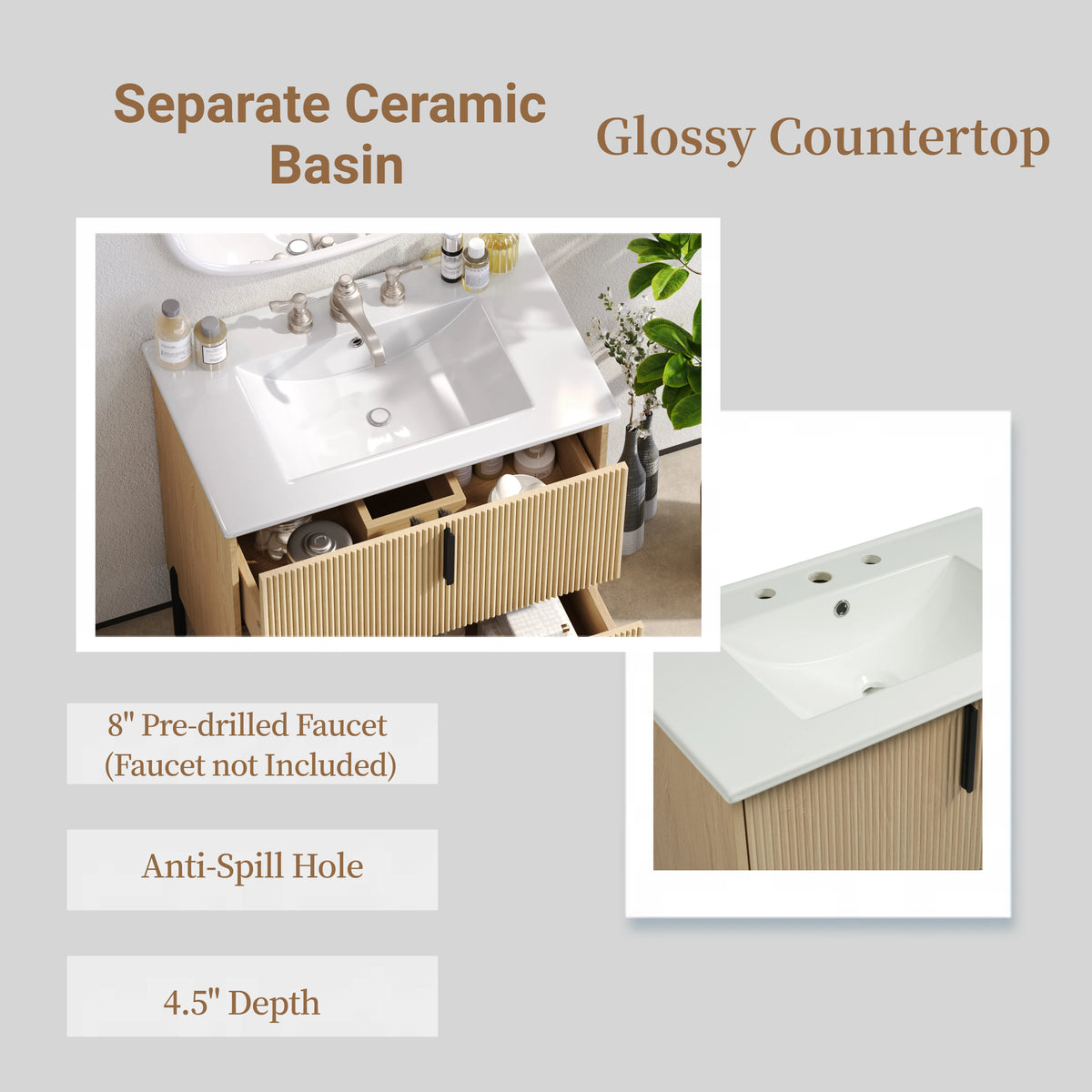 30" Bathroom Vanity with Sink, Black Fluted Bathroom Vanity with Undermount Drawer Slides & White Ceramic Basin, Finger Pull Design, Full Extension Drawers,Natural