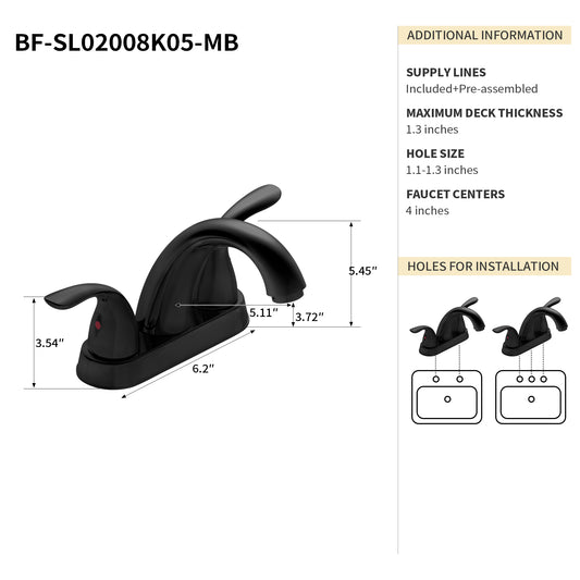 Bathroom Centerset Sink Faucet Matte Black Double Handles B2724P262918