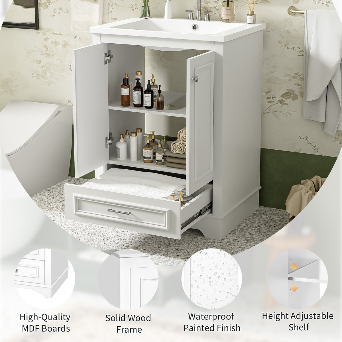 24" Bathroom Vanity with Sink, Modern Bathroom Vanity with White Ceramic Sink & Drawer, 3-Level Adjustable Shelf, Solid Wood Frame, for Small Bathroom,White