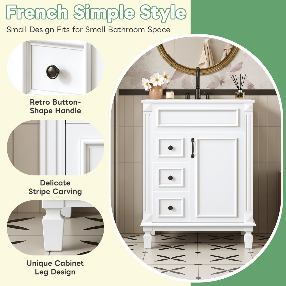 24" Bathroom Vanity with Sink, French Style Bathroom Vanity with 2 Deep Drawers & Adjustable Shelf, Ceramic Sink for 4-Inch Faucet, Soft Close Door,White