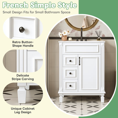 24" Bathroom Vanity with Sink, French Style Bathroom Vanity with 2 Deep Drawers & Adjustable Shelf, Ceramic Sink for 4-Inch Faucet, Soft Close Door,White