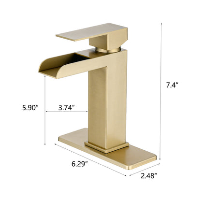 Bathroom Single Hole or Three Holes Waterfall Sink Faucet Brushed Gold Single Handle with Deck Plate and Pop-up Drain W1224P224288