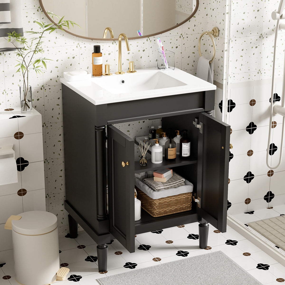 24" Bathroom Vanity with Sink, Modern Bathroom Vanity Cabinet with Enclosed Storage Door, 32mm Faucet Hole Ceramic Basin, Easy Assembly,Black