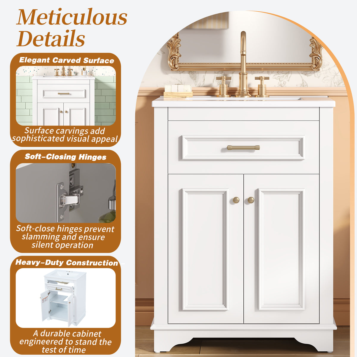 24" Bathroom Vanity with Sink, Small Bathroom Vanity with Tip-Out Drawer & Adjustable Storage, 3-Hole 4" Centerset Ceramic Sink with Overflow, Soft Close Door,White