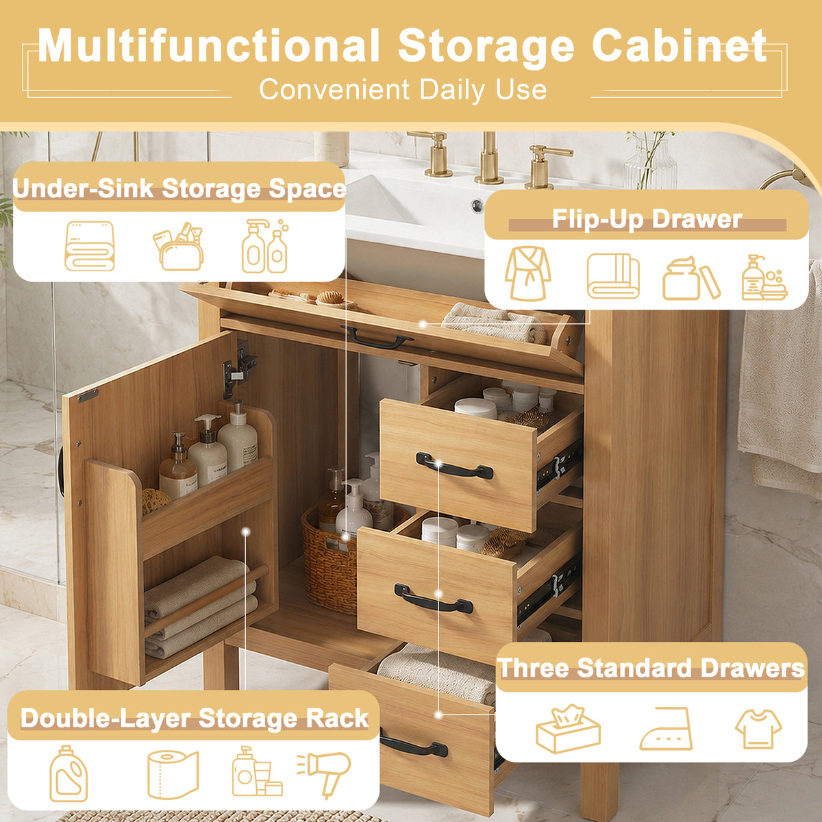 30" Bathroom Vanity with Sink, Bathroom Vanity with Tip-Out Drawer & 3 Drawers, Door Storage Rack, Ceramic Sink, Soft Close Slides, Black Handles,Acacia Wood