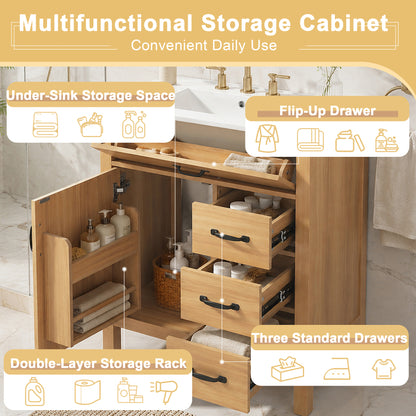 30" Bathroom Vanity with Sink, Bathroom Vanity with Tip-Out Drawer & 3 Drawers, Door Storage Rack, Ceramic Sink, Soft Close Slides, Black Handles,Acacia Wood