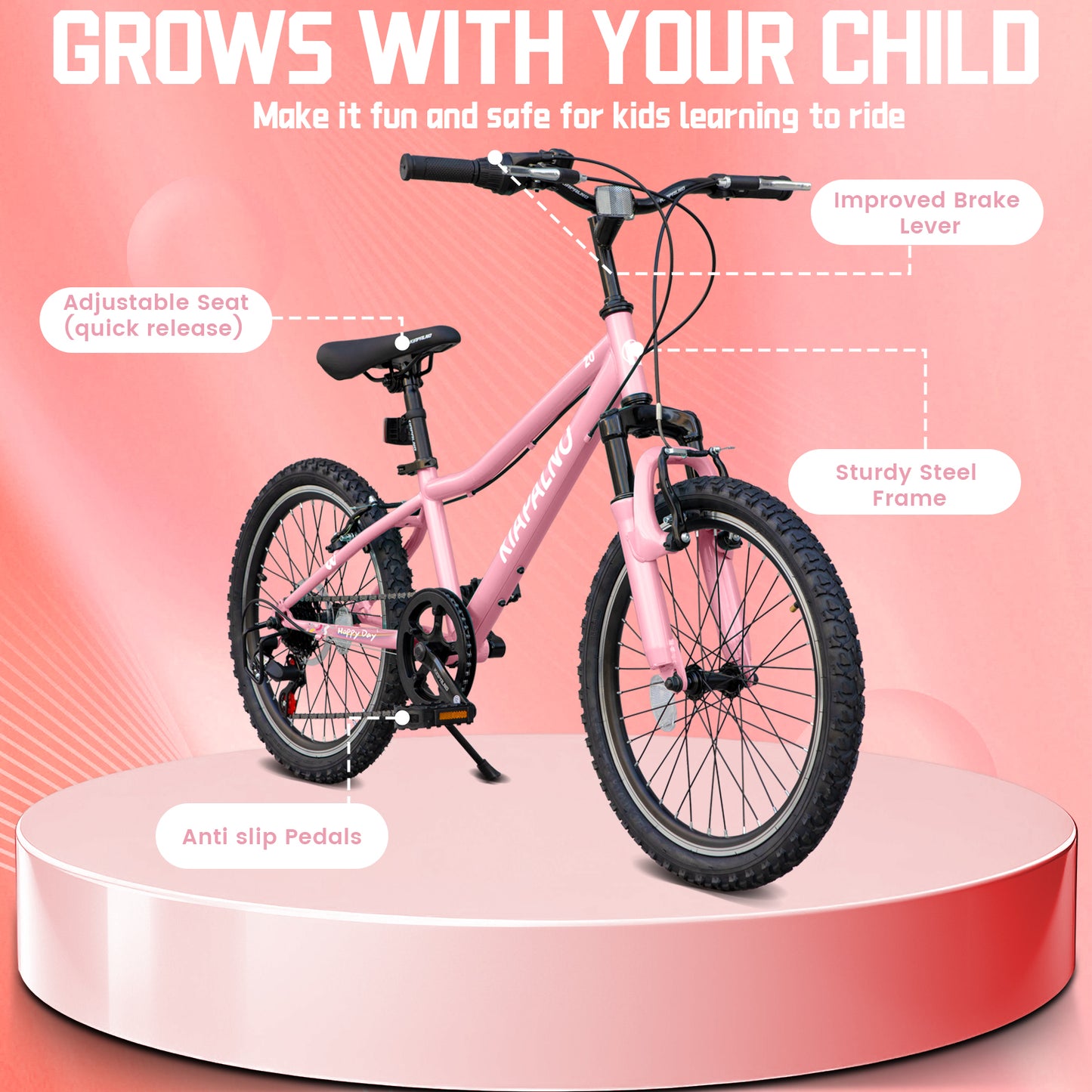 20 Inch Kids Mountain Bike, 7-Speed Drivetrain, Front Suspension, Durable Steel Frame, Bicycle for Boys & Girls Ages 6-10, Pink, 85% Pre-Assembled