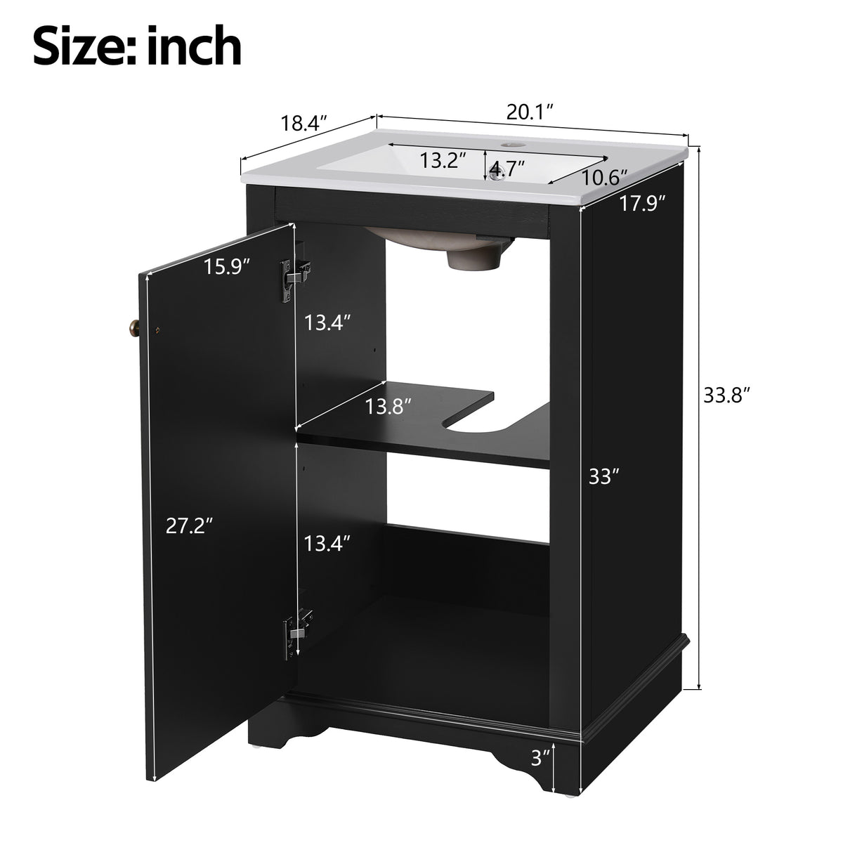 20" Shaker Style Bathroom Vanity with Sink, Small Bathroom Vanity Cabinet with Integrated Ceramic Sink, Soft Close Door, Solid Wood & MDF,Black