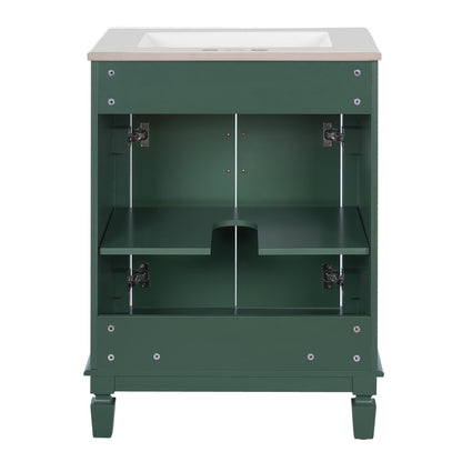 24" Bathroom Vanity with Sink, French Style Bathroom Vanity with Carved Legs & Drawer, Adjustable Shelf, Back Cutout for Plumbing, Soft Close Door,Green