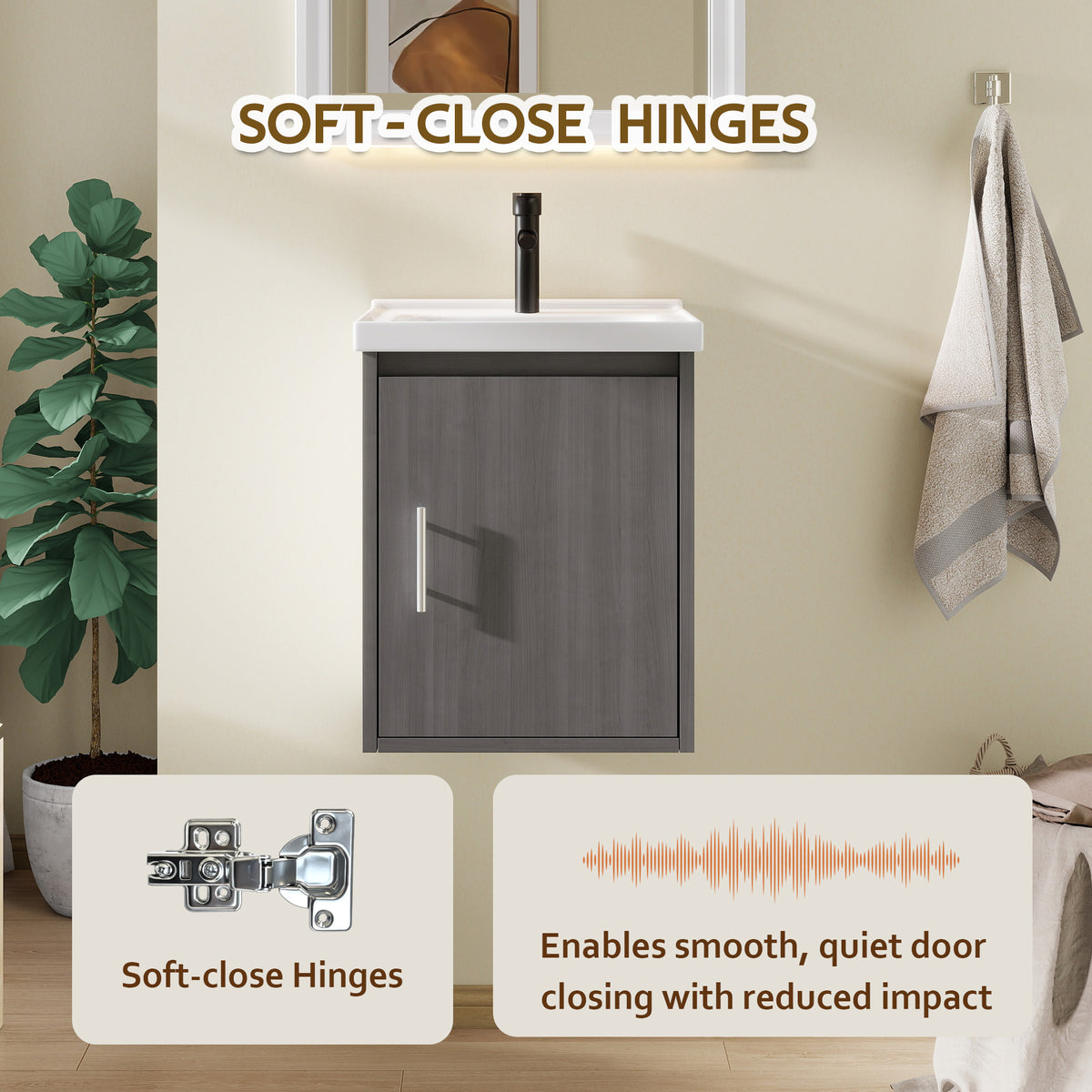 16" Floating Bathroom Vanity with Sink, Modern Wall Mounted Bathroom Vanity with Glossy White Ceramic Sink & Countertop, Soft Close Door, Plywood Storage Cabinet,Grey