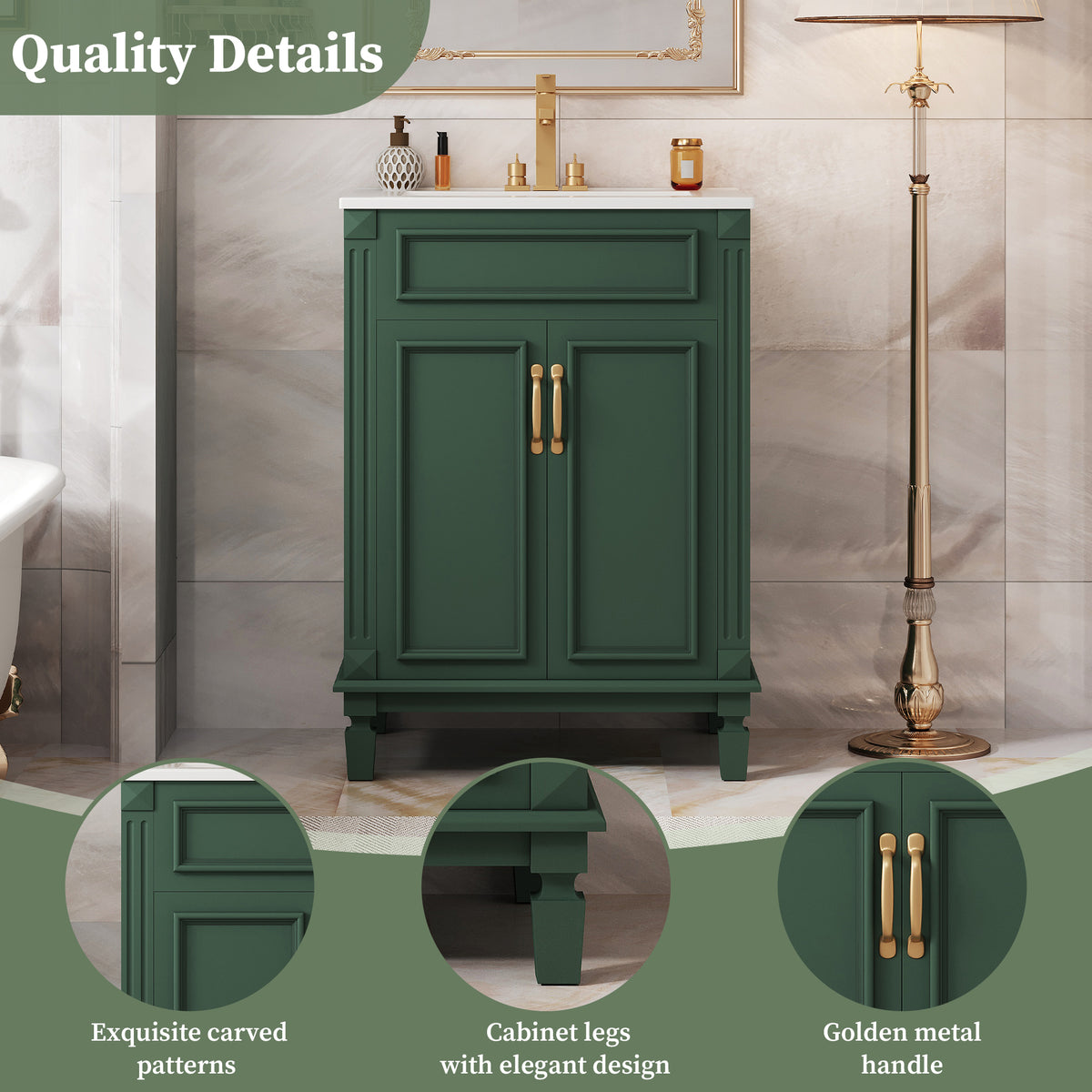 24" Bathroom Vanity with Sink, French Style Bathroom Vanity with Carved Legs & Drawer, Adjustable Shelf, Back Cutout for Plumbing, Soft Close Door,Green