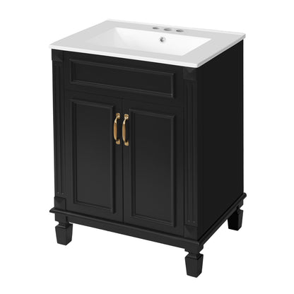 24" Bathroom Vanity with Sink, French Style Bathroom Vanity with Carved Legs & Drawer, Adjustable Shelf, Back Cutout for Plumbing, Soft Close Door,Black