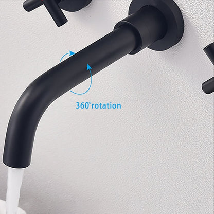 Bathroom Sink Faucet Brushed Matte Black Double Handles Wall Mounted With Pop-up Drain W928P261553