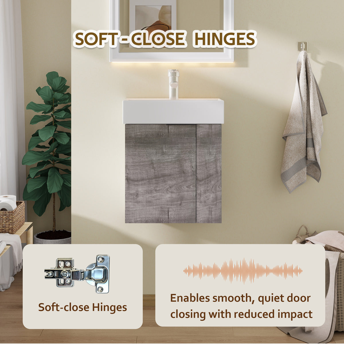21.6" Floating Bathroom Vanity with Sink, Modern Wall Mounted Bathroom Vanity with Glossy White Ceramic Sink & Countertop, Soft Close Door, Plywood Storage Cabinet,Grey