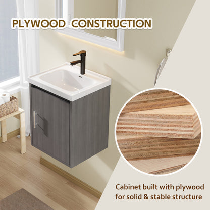 16" Floating Bathroom Vanity with Sink, Modern Wall Mounted Bathroom Vanity with Glossy White Ceramic Sink & Countertop, Soft Close Door, Plywood Storage Cabinet,Grey