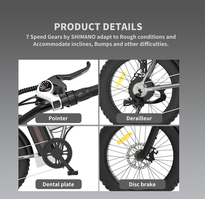 750W Folding 20x4 inch Fat Tire Electric Bike 25 mph 48V 13AH Lithium Battery Adult