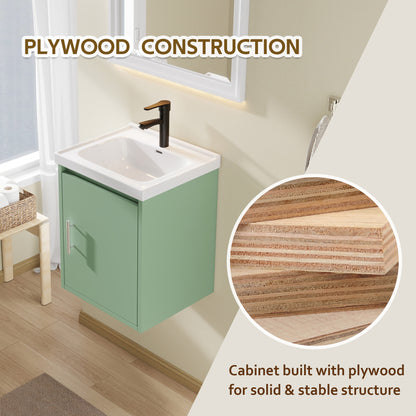16" Floating Bathroom Vanity with Sink, Modern Wall Mounted Bathroom Vanity with Glossy White Ceramic Sink & Countertop, Soft Close Door, Plywood Storage Cabinet,Green