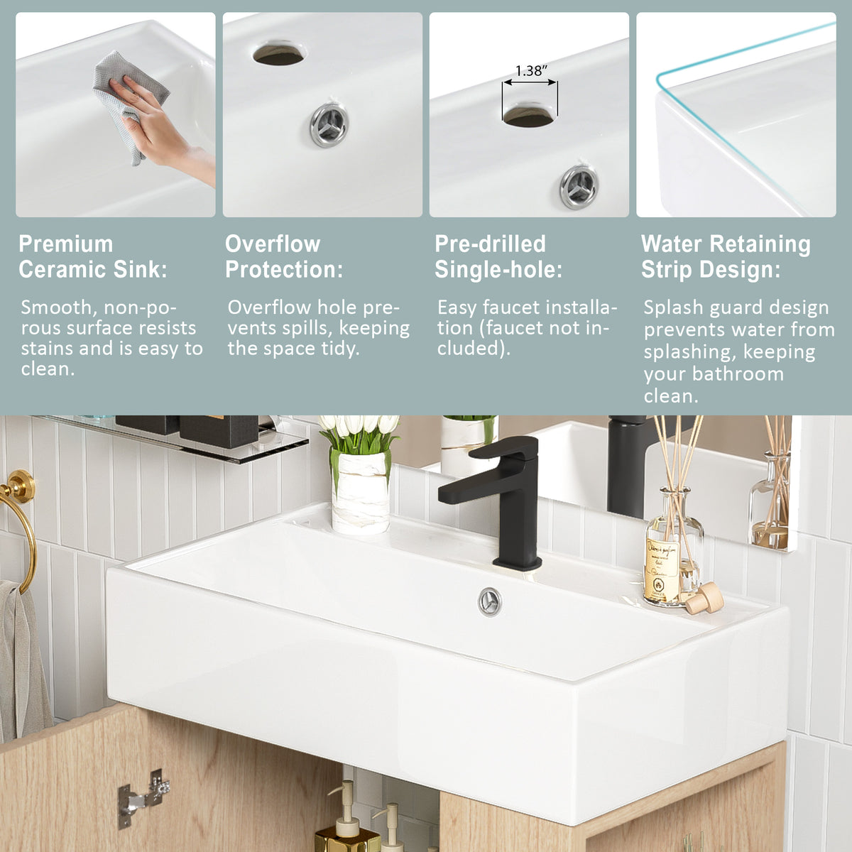 21.6" Bathroom Vanity with Sink, Slim Freestanding Bathroom Vanity Cabinet with Ceramic Sink & Overflow, Gold Metal Legs, Soft Close Door, for Small Bathroom,,Wood