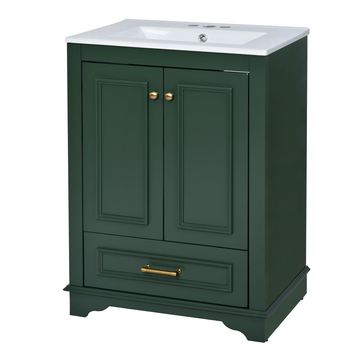 24" Bathroom Vanity with Sink, Modern Bathroom Vanity with White Ceramic Sink & Drawer, 3-Level Adjustable Shelf, Solid Wood Frame, for Small Bathroom,Green
