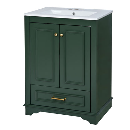 24" Bathroom Vanity with Sink, Modern Bathroom Vanity with White Ceramic Sink & Drawer, 3-Level Adjustable Shelf, Solid Wood Frame, for Small Bathroom,Green