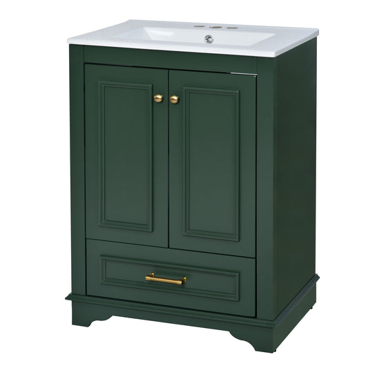 24" Bathroom Vanity with Sink, Modern Bathroom Vanity with White Ceramic Sink & Drawer, 3-Level Adjustable Shelf, Solid Wood Frame, for Small Bathroom,Green