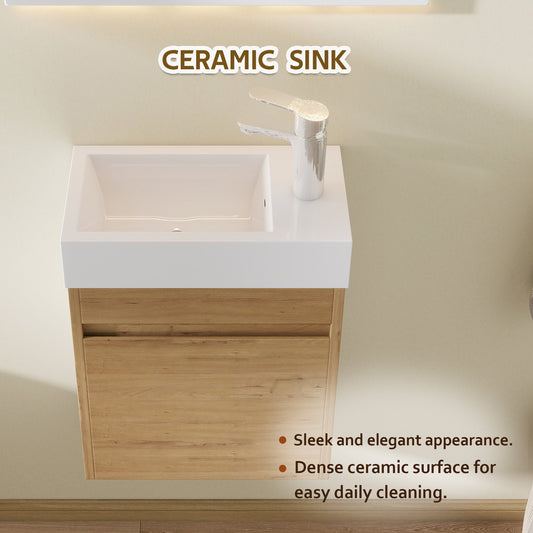 18" Floating Bathroom Vanity with Sink, Modern Wall Mounted Bathroom Vanity with Glossy White Ceramic Sink & Countertop, Soft Close Door, Plywood Storage Cabinet,Oak