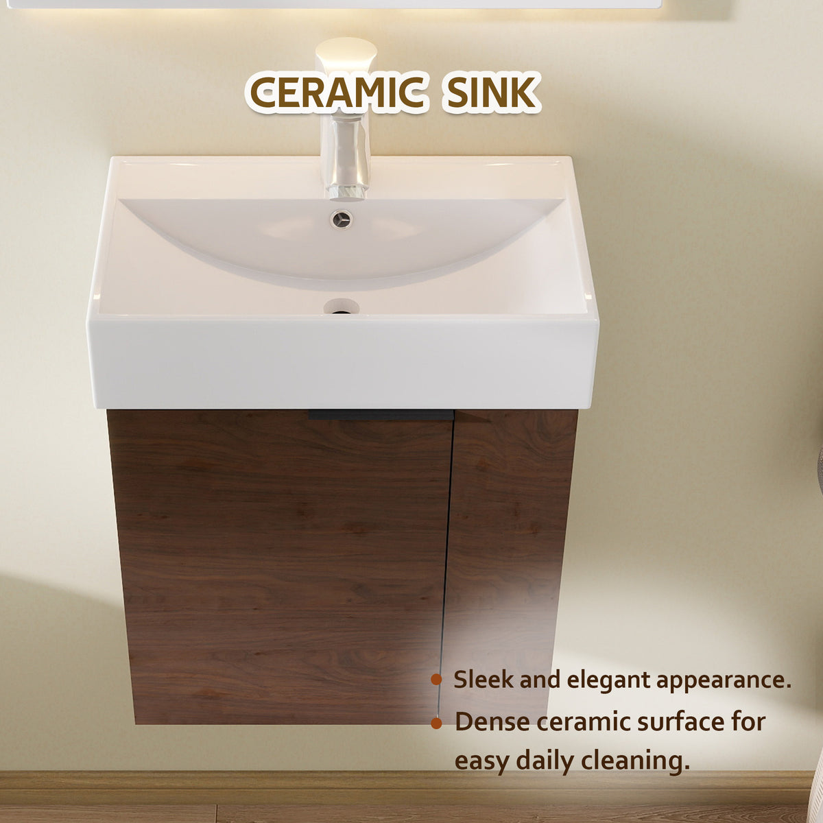 21.6" Floating Bathroom Vanity with Sink, Modern Wall Mounted Bathroom Vanity with Glossy White Ceramic Sink & Countertop, Soft Close Door, Plywood Storage Cabinet,Brown