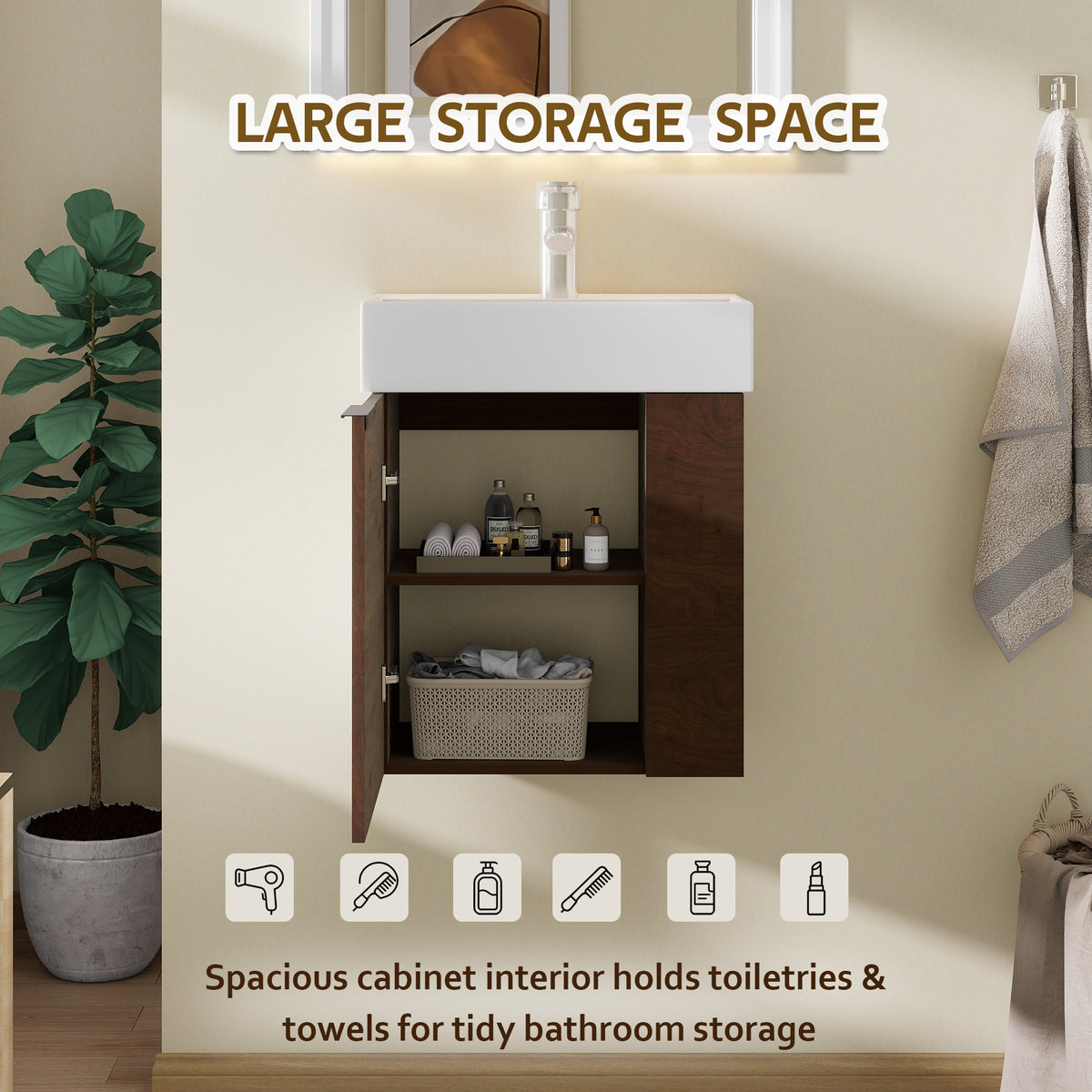 21.6" Floating Bathroom Vanity with Sink, Modern Wall Mounted Bathroom Vanity with Glossy White Ceramic Sink & Countertop, Soft Close Door, Plywood Storage Cabinet,Brown