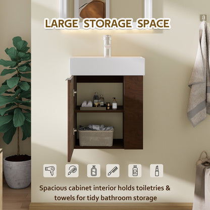 21.6" Floating Bathroom Vanity with Sink, Modern Wall Mounted Bathroom Vanity with Glossy White Ceramic Sink & Countertop, Soft Close Door, Plywood Storage Cabinet,Brown