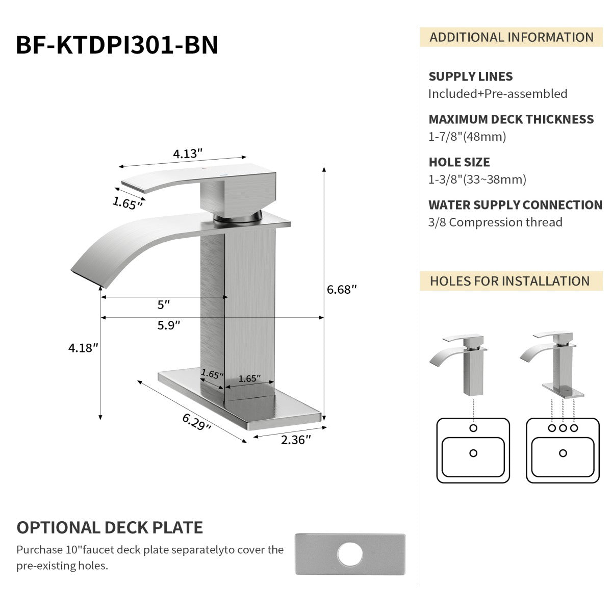 Bathroom Single Hole or Three Hole Sink Faucet Brushed Nickel Single Handle With Deck Plate B2724P257531