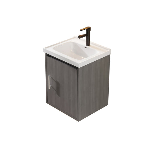 16" Floating Bathroom Vanity with Sink, Modern Wall Mounted Bathroom Vanity with Glossy White Ceramic Sink & Countertop, Soft Close Door, Plywood Storage Cabinet,Grey