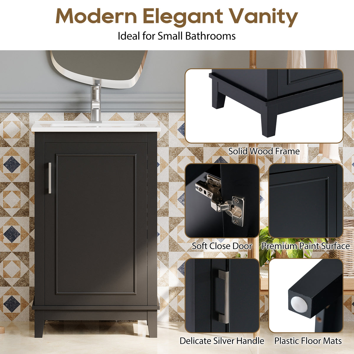 20" Bathroom Vanity with Sink, Minimalist Bathroom Vanity Cabinet with Double Door Shelves & Overflow Ceramic Sink, Soft Close Door, Solid Wood Legs,Black