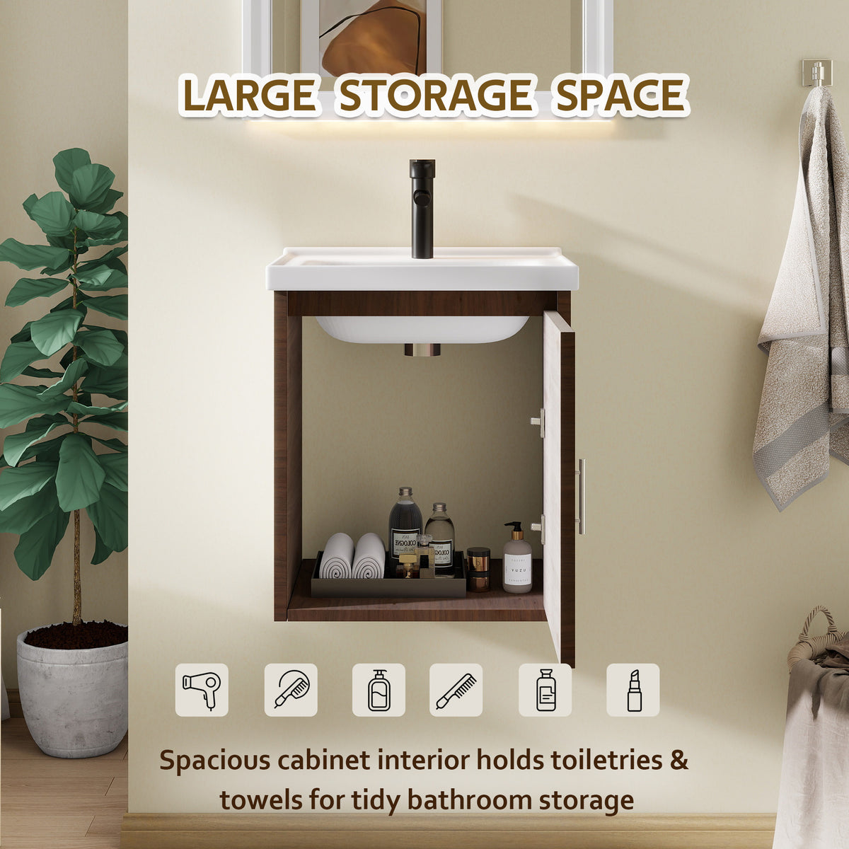 16" Floating Bathroom Vanity with Sink, Modern Wall Mounted Bathroom Vanity with Glossy White Ceramic Sink & Countertop, Soft Close Door, Plywood Storage Cabinet,Brown