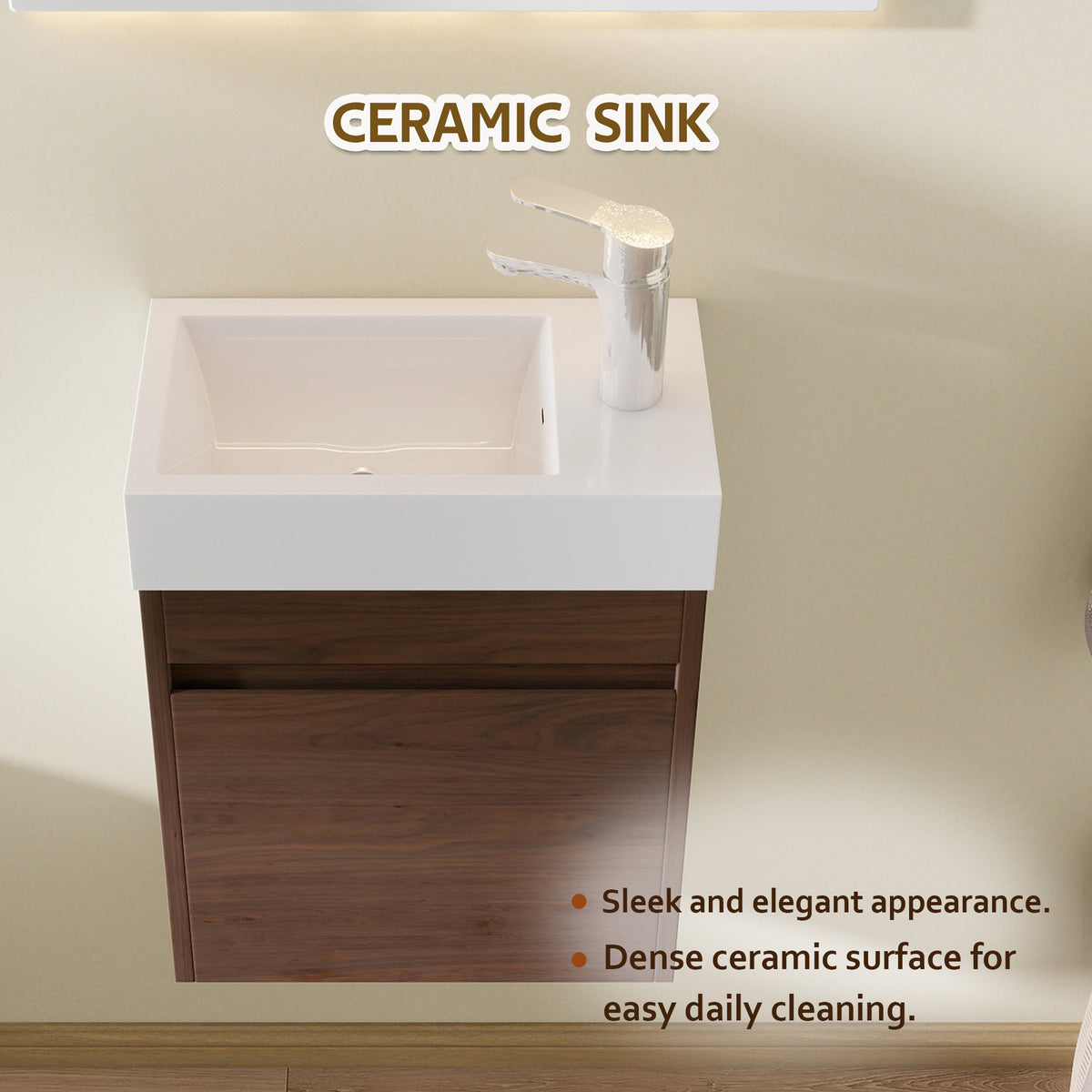 18" Floating Bathroom Vanity with Sink, Modern Wall Mounted Bathroom Vanity with Glossy White Ceramic Sink & Countertop, Soft Close Door, Plywood Storage Cabinet,Brown
