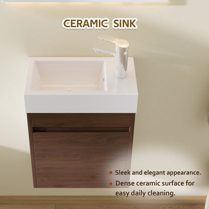 18" Floating Bathroom Vanity with Sink, Modern Wall Mounted Bathroom Vanity with Glossy White Ceramic Sink & Countertop, Soft Close Door, Plywood Storage Cabinet,Brown