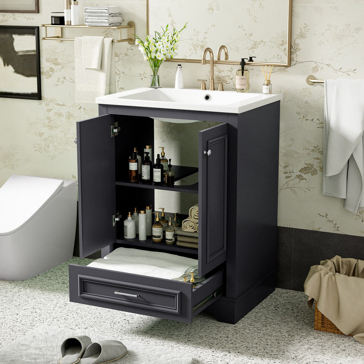 24" Bathroom Vanity with Sink, Modern Bathroom Vanity with White Ceramic Sink & Drawer, 3-Level Adjustable Shelf, Solid Wood Frame, for Small Bathroom,Blue Grey