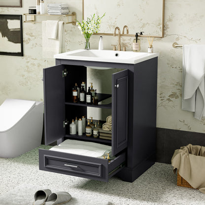 24" Bathroom Vanity with Sink, Modern Bathroom Vanity with White Ceramic Sink & Drawer, 3-Level Adjustable Shelf, Solid Wood Frame, for Small Bathroom,Blue Grey
