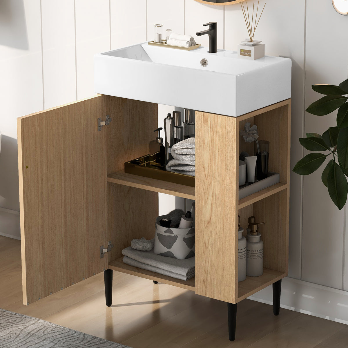 21.6" Bathroom Vanity with Sink, Slim Freestanding Bathroom Vanity Cabinet with Ceramic Sink & Overflow, Gold Metal Legs, Soft Close Door, for Small Bathroom,,Wood