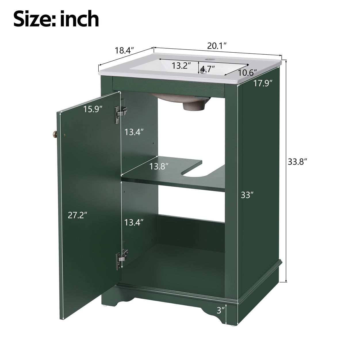 20" Shaker Style Bathroom Vanity with Sink, Small Bathroom Vanity Cabinet with Integrated Ceramic Sink, Soft Close Door, Solid Wood & MDF,Green