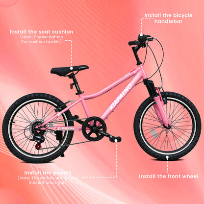 20 Inch Kids Mountain Bike, 7-Speed Drivetrain, Front Suspension, Durable Steel Frame, Bicycle for Boys & Girls Ages 6-10, Pink, 85% Pre-Assembled