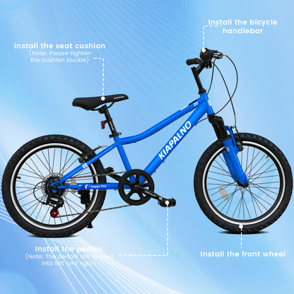 20 Inch Kids Mountain Bike, 7-Speed Drivetrain, Front Suspension, Durable Steel Frame, Bicycle for Boys & Girls Ages 6-10, Blue, 85% Pre-Assembled