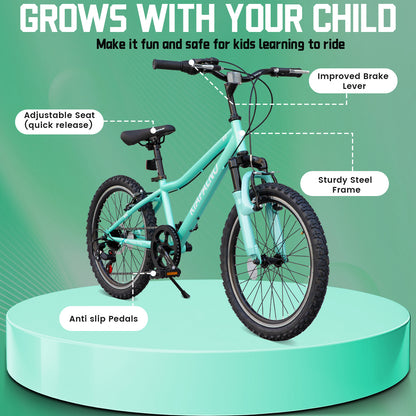 20 Inch Kids Mountain Bike, 7-Speed Drivetrain, Front Suspension, Durable Steel Frame, Bicycle for Boys & Girls Ages 6-10, Green, 85% Pre-Assembled