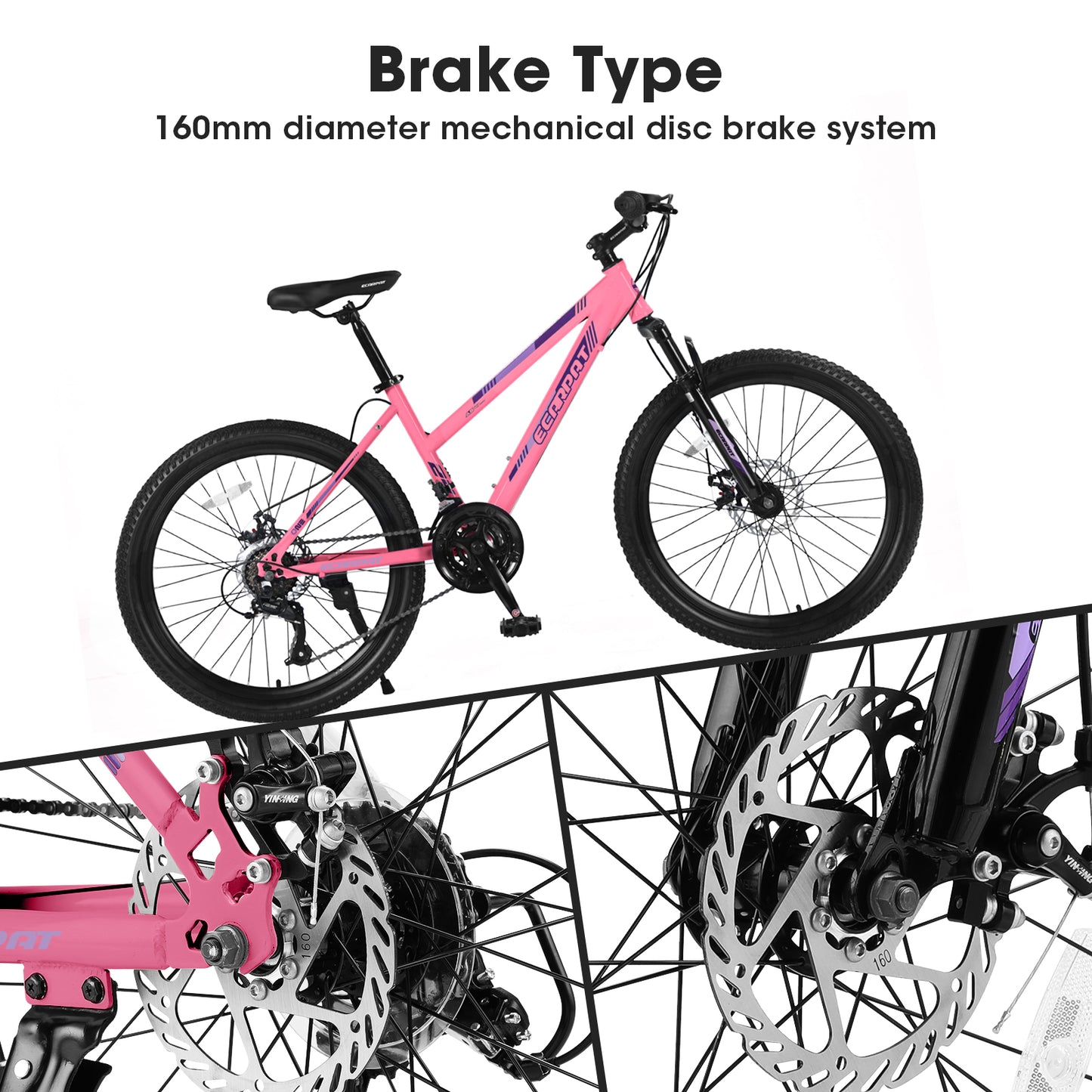 26 inch Mountain Bike 21 Speed, Dual Disc Brake, Front Suspension For Boy Girl, Pink,85% Assembled