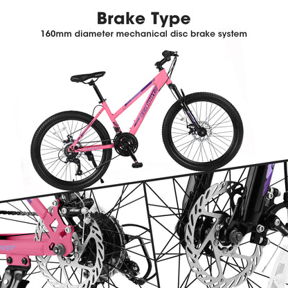 26 inch Mountain Bike 21 Speed, Dual Disc Brake, Front Suspension For Boy Girl, Pink,85% Assembled