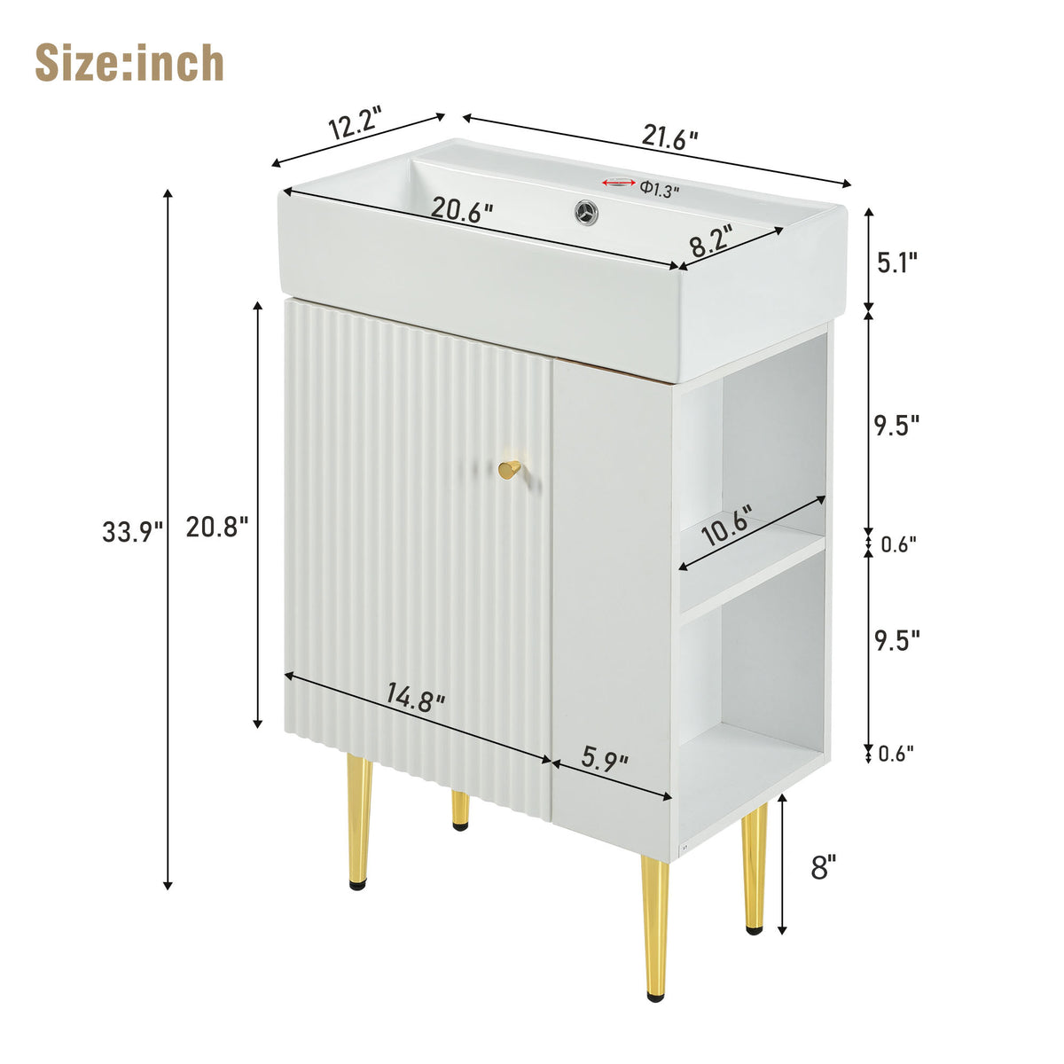 21.6" Bathroom Vanity with Sink, Slim Freestanding Bathroom Vanity Cabinet with Ceramic Sink & Overflow, Gold Metal Legs, Soft Close Door, for Small Bathroom,,White