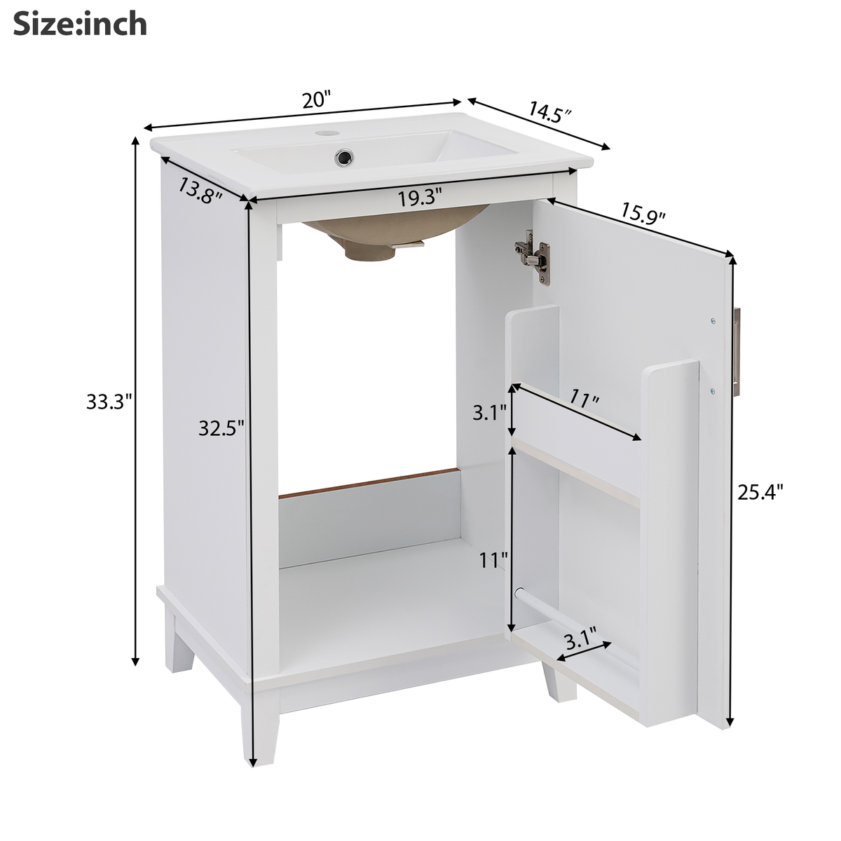20" Bathroom Vanity with Sink, Minimalist Bathroom Vanity Cabinet with Double Door Shelves & Overflow Ceramic Sink, Soft Close Door, Solid Wood Legs,White